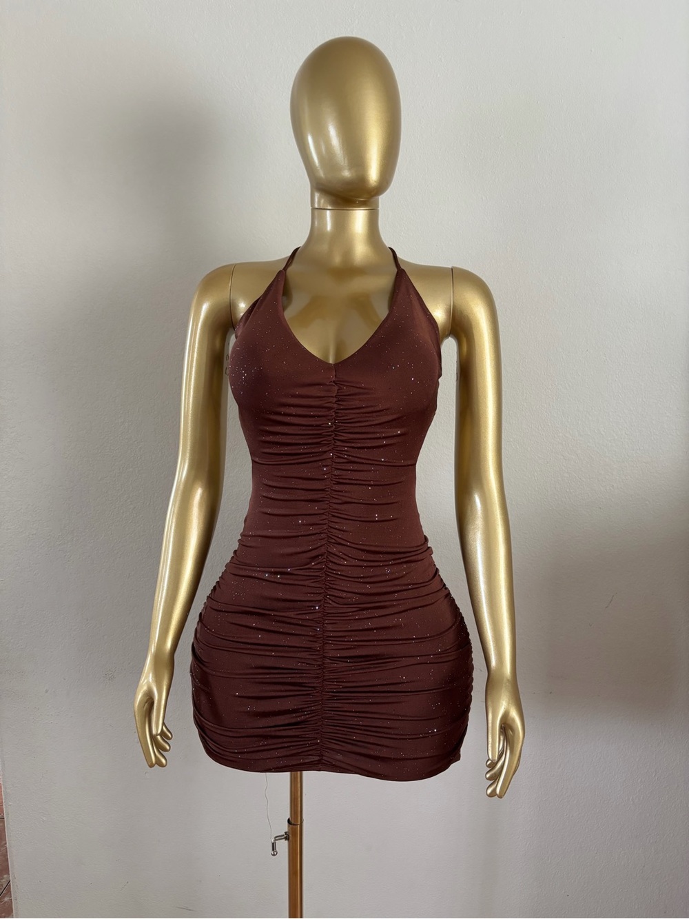 Ruched Halter Mini Dress in Deep Brown